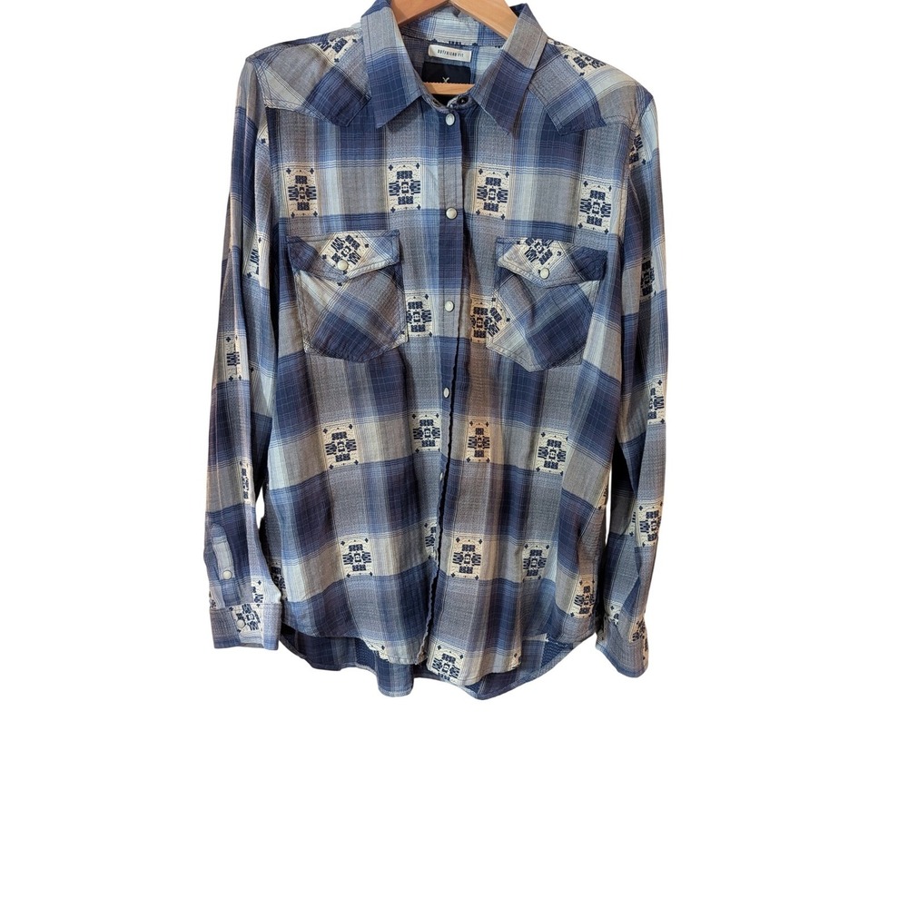 American Eagle Outfitters Blue Plaid Western Embroidered Snap Front Shirt Large